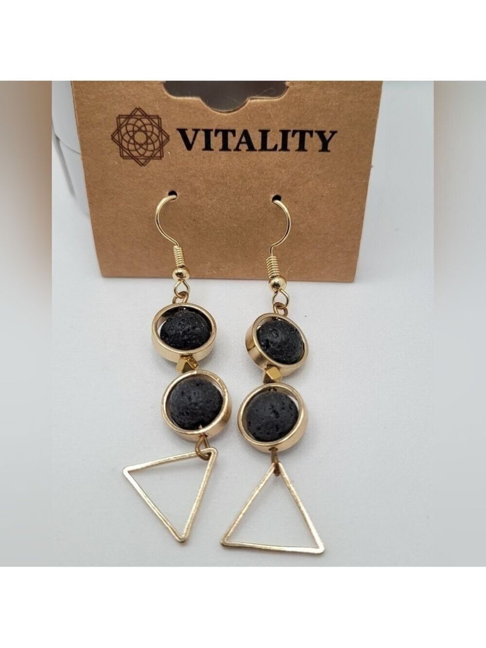 Art Deco Lava Stone Beads Dangle Gold Tone Earrings Vintage Handmade NWT